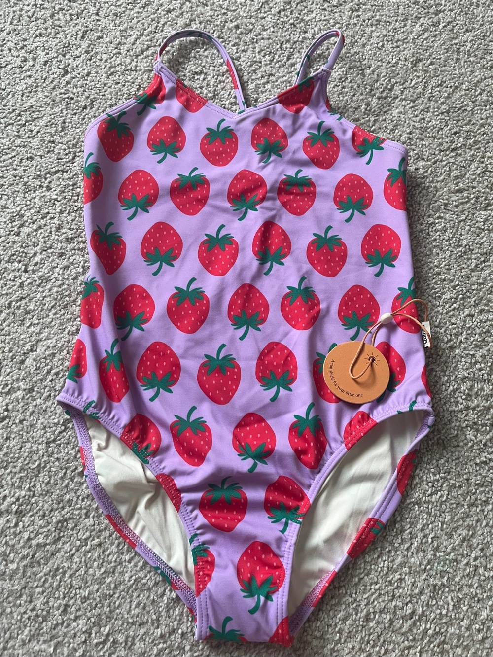 Quince Purple One-Piece Swimsuit with Red Strawberry Print